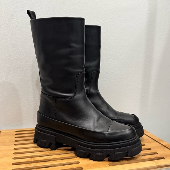 GANNI Tubular Leather Boots | Black Chunky Platform Mid-Calf Boots | Size 38 - Picture 3 of 7